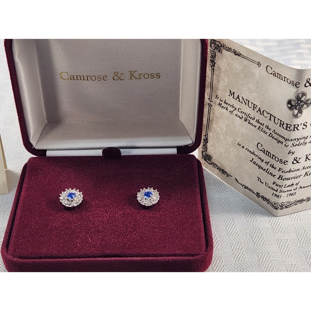 VTG Camrose & Kross JBK Jacqueline Kennedy Sapphire Halo Earrings COA Bx Card 19